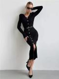 Black Long Sleeve V Neck Single Breasted Fashion Women Knit Sweater Midi Dress