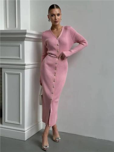 Pink Long Sleeve V Neck Single Breasted Fashion Women Knit Sweater Midi Dress