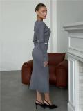 Dark Gray Long Sleeve V Neck Single Breasted Fashion Women Knit Sweater Midi Dress