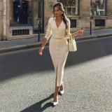 Khaki Long Sleeve V Neck Single Breasted Fashion Women Knit Sweater Midi Dress