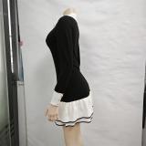 Black Long Sleeve Knitted Pearls Single Breasted Fashion Ruffles Mini Dress