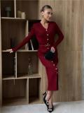 Claret Long Sleeve V Neck Single Breasted Fashion Women Knit Sweater Midi Dress