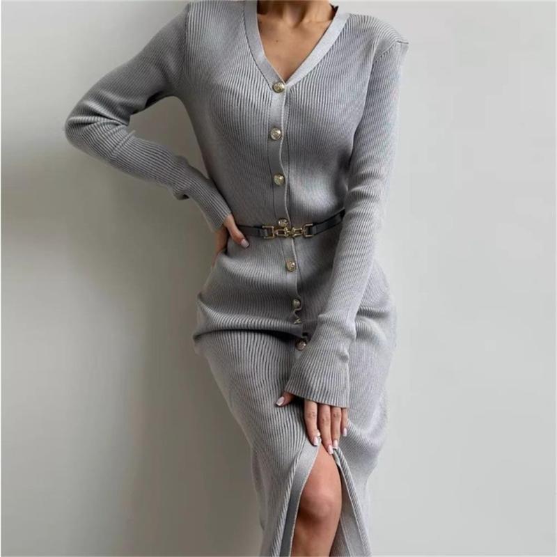 Gray Long Sleeve V Neck Single Breasted Fashion Women Knit Sweater Midi Dress