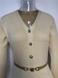 Khaki Long Sleeve V Neck Single Breasted Fashion Women Knit Sweater Midi Dress
