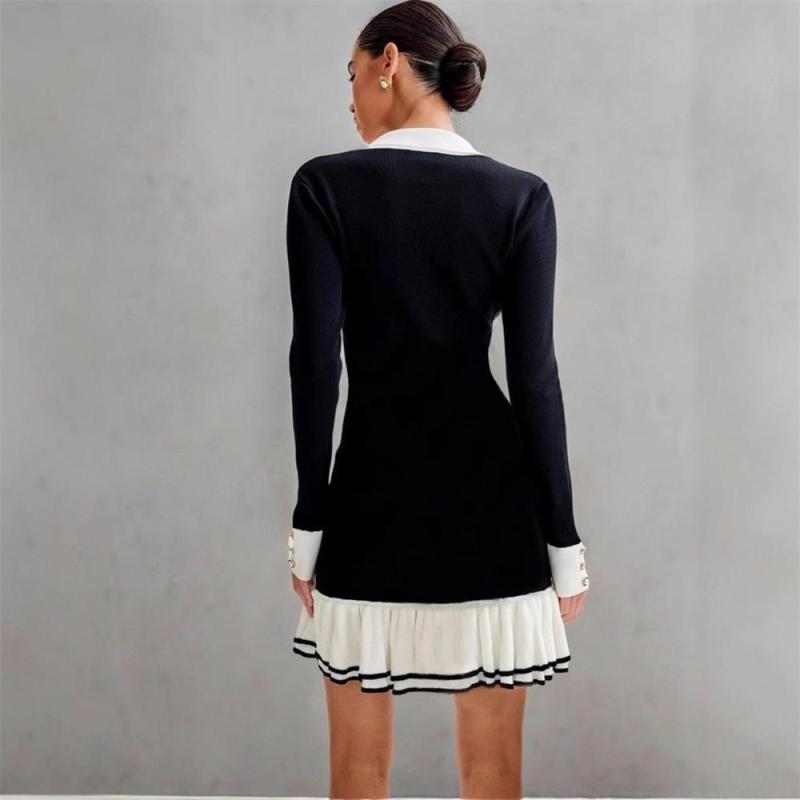 Black Long Sleeve Knitted Pearls Single Breasted Fashion Ruffles Mini Dress