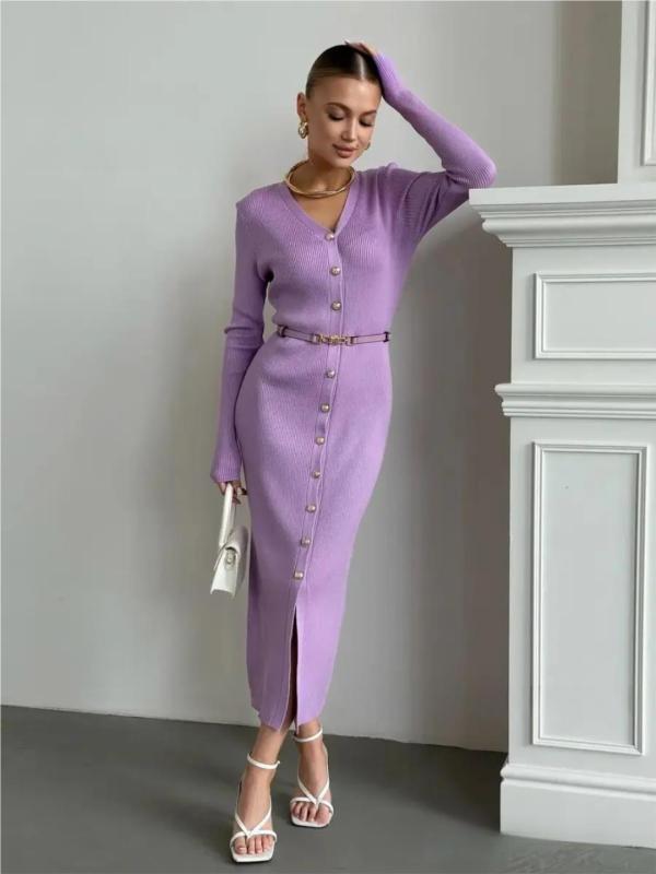 Purple Long Sleeve V Neck Single Breasted Fashion Women Knit Sweater Midi Dress