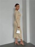 Khaki Long Sleeve V Neck Single Breasted Fashion Women Knit Sweater Midi Dress
