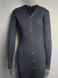 Dark Gray Long Sleeve V Neck Single Breasted Fashion Women Knit Sweater Midi Dress