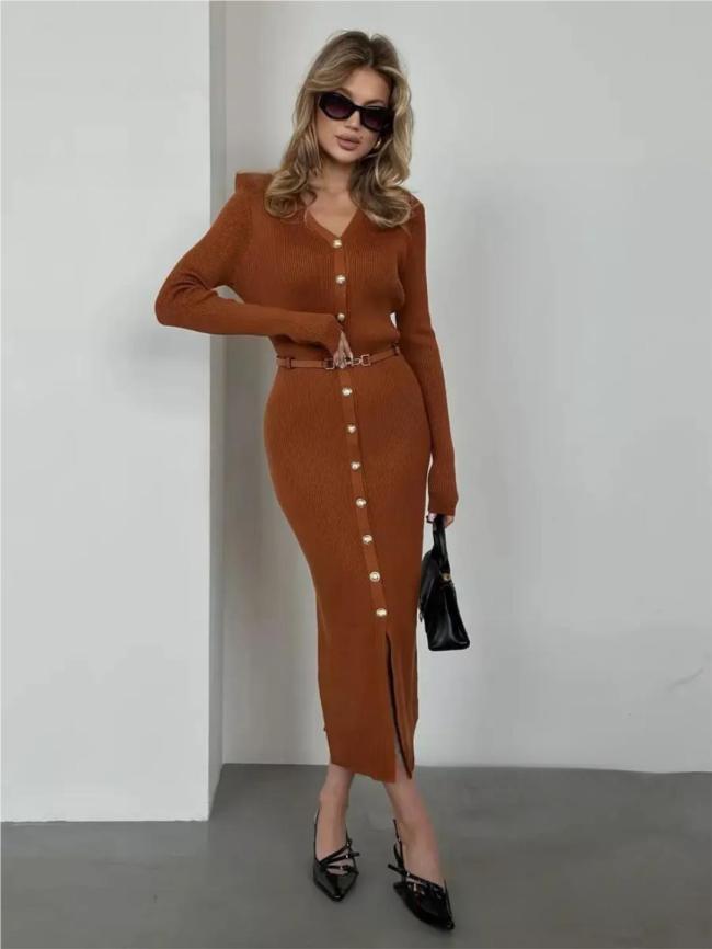 Coffee Long Sleeve V Neck Single Breasted Fashion Women Knit Sweater Midi Dress