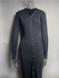 Dark Gray Long Sleeve V Neck Single Breasted Fashion Women Knit Sweater Midi Dress