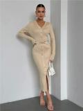 Khaki Long Sleeve V Neck Single Breasted Fashion Women Knit Sweater Midi Dress