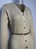 Khaki Long Sleeve V Neck Single Breasted Fashion Women Knit Sweater Midi Dress
