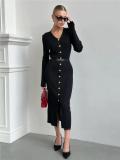 Black Long Sleeve V Neck Single Breasted Fashion Women Knit Sweater Midi Dress