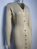 Khaki Long Sleeve V Neck Single Breasted Fashion Women Knit Sweater Midi Dress