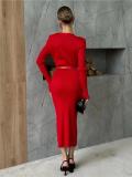 Red Long Sleeve V Neck Single Breasted Fashion Women Knit Sweater Midi Dress