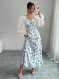 White Blue Printed Mesh Sleeve Floral Chiffon Knited Bodycon Maxi Dress