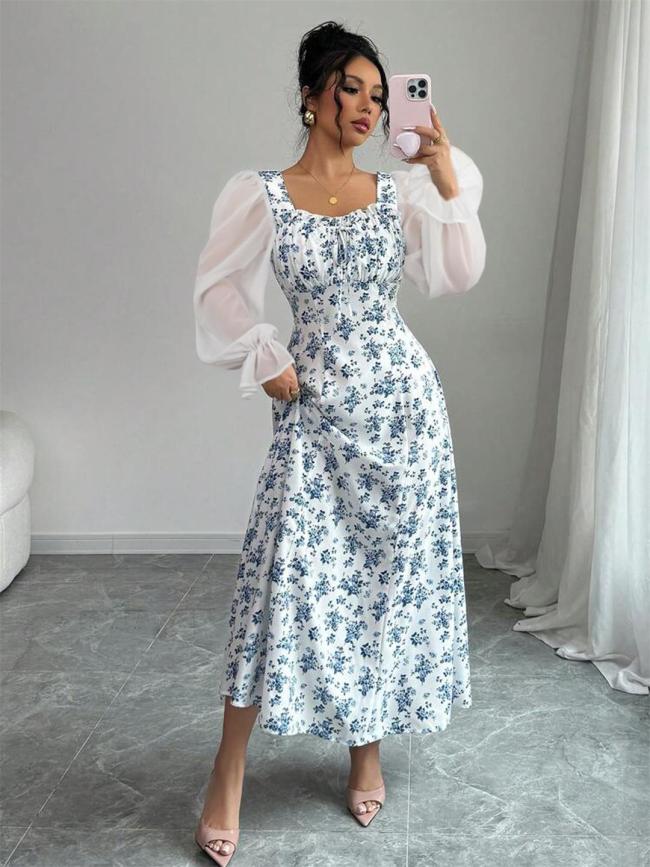 White Blue Printed Mesh Sleeve Floral Chiffon Knited Bodycon Maxi Dress