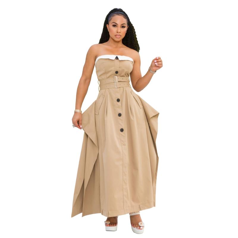 Khaki Off Shoulder Single Breasted Belted Fashion Women Pleated Maxi Dress