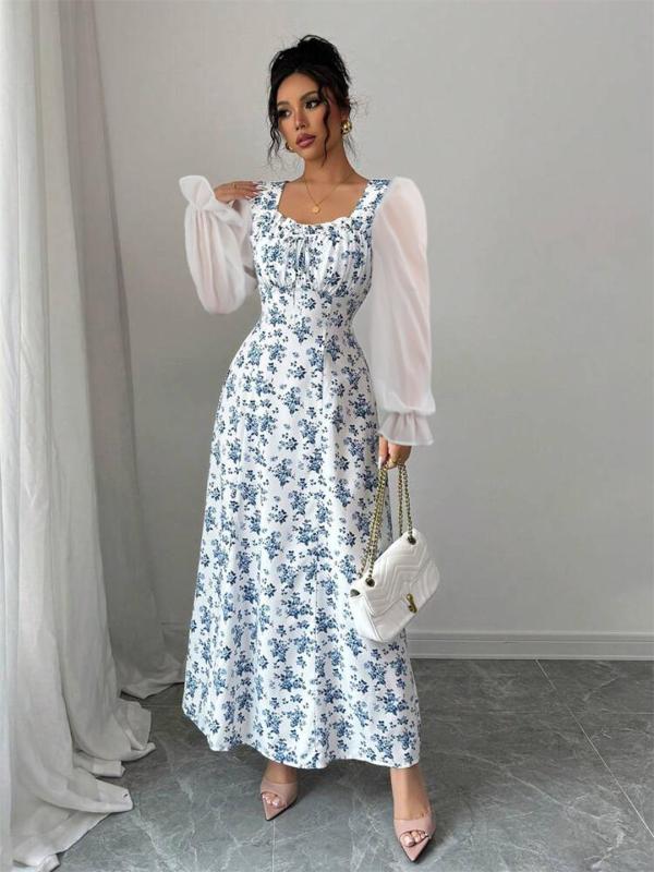 White Blue Printed Mesh Sleeve Floral Chiffon Knited Bodycon Maxi Dress