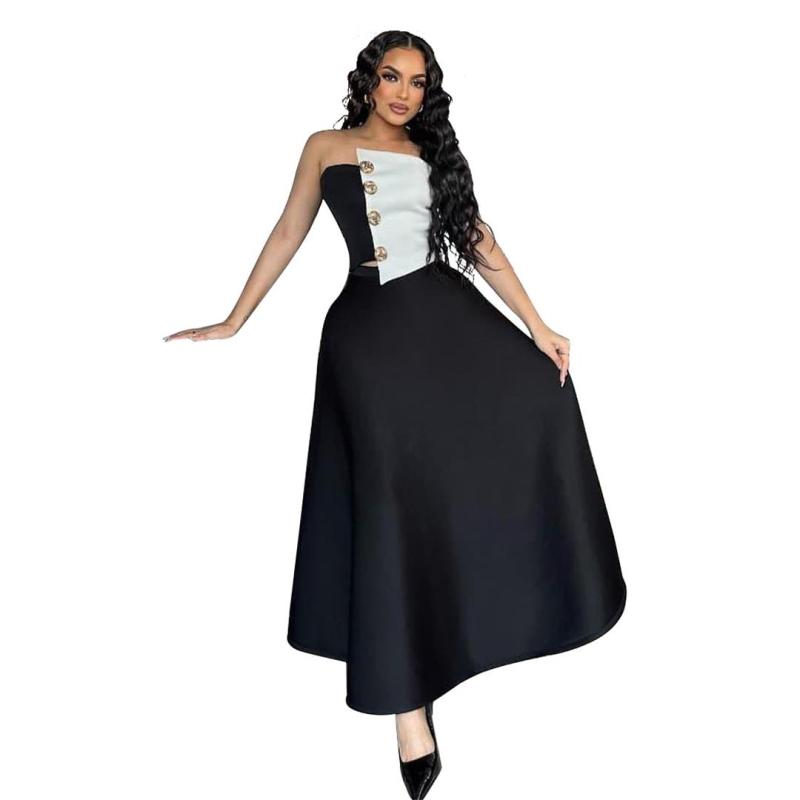 Black Elegant Women Two Pieces Crop Top High Waist A-Line Evening Skirt Dress Sets