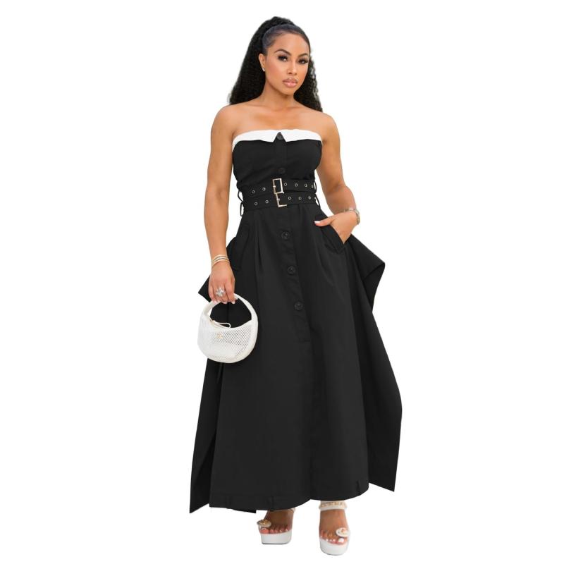 Black Off Shoulder Single Breasted Belted Fashion Women Pleated Maxi Dress