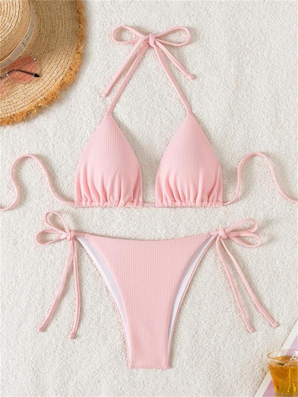 Pink Triangle Halter Bikini Sexy Brazilian Swimsuit Women String Swimwear