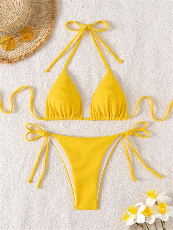 Yellow Thick Striped Triangle Halter Bikini Sexy Brazilian Swimsuit Women String Swimwear