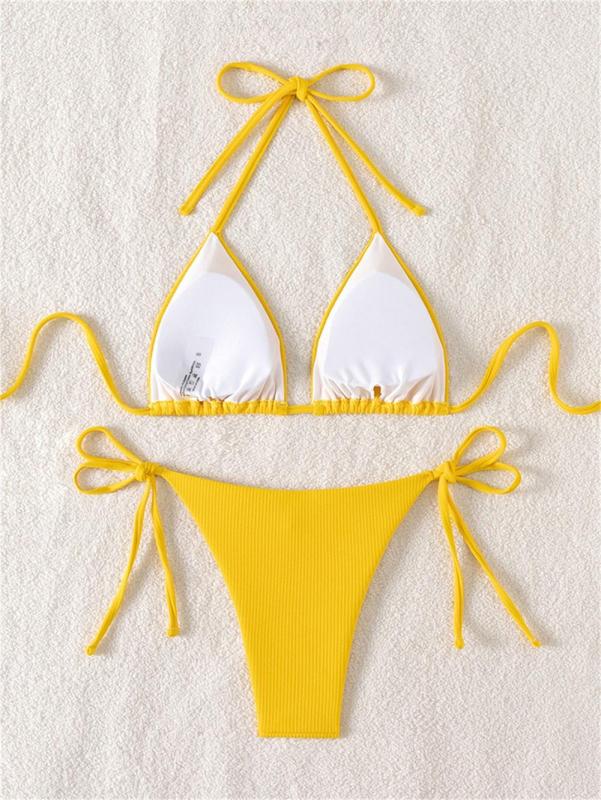 Yellow Thick Striped Triangle Halter Bikini Sexy Brazilian Swimsuit Women String Swimwear