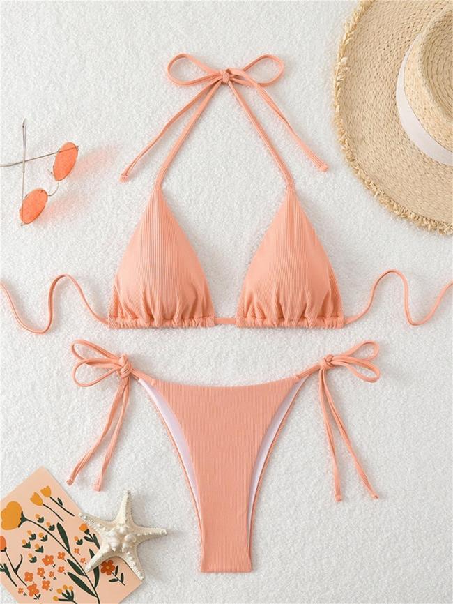 Lotus Pink Triangle Halter Bikini Sexy Brazilian Swimsuit Women String Swimwear