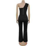 Black One Shoulder Low Cut Crop Tops Wide Leg Fashion Women Pant Sets