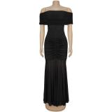 Black Off Shoulder Mesh Elegant Women's Formal Pleated Party Maxi Dress