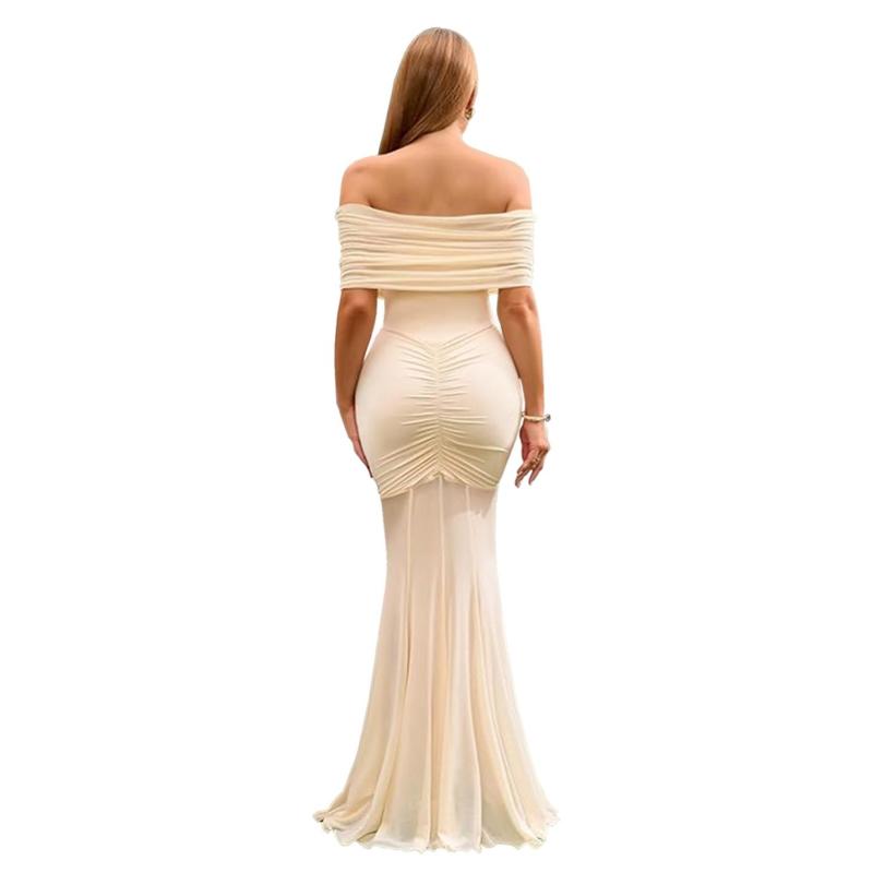 Apricot Off Shoulder Mesh Elegant Women's Formal Pleated Party Maxi Dress