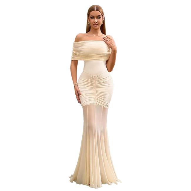 Apricot Off Shoulder Mesh Elegant Women's Formal Pleated Party Maxi Dress