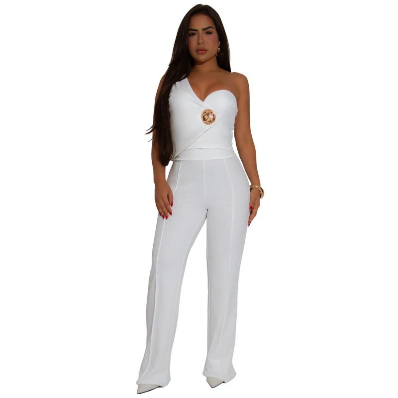 White One Shoulder Low Cut Crop Tops Wide Leg Fashion Women Pant Sets