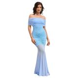 Blue Off Shoulder Mesh Elegant Women's Formal Pleated Party Maxi Dress