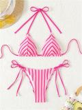 Rose Red Lace Up Printed Striped Velvet Women Bikini Swimwear