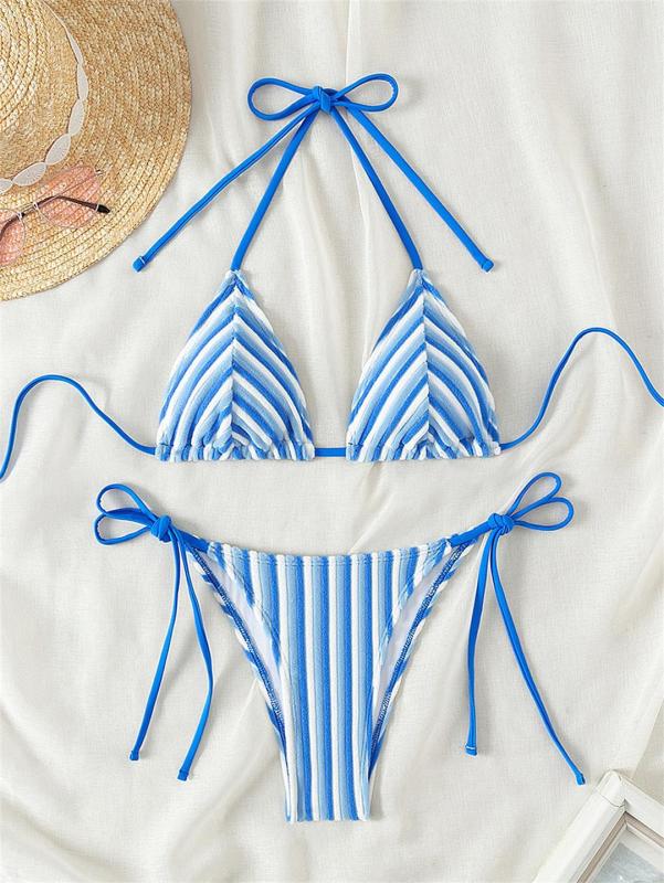 Blue Lace Up Printed Striped Velvet Women Bikini Swimwear