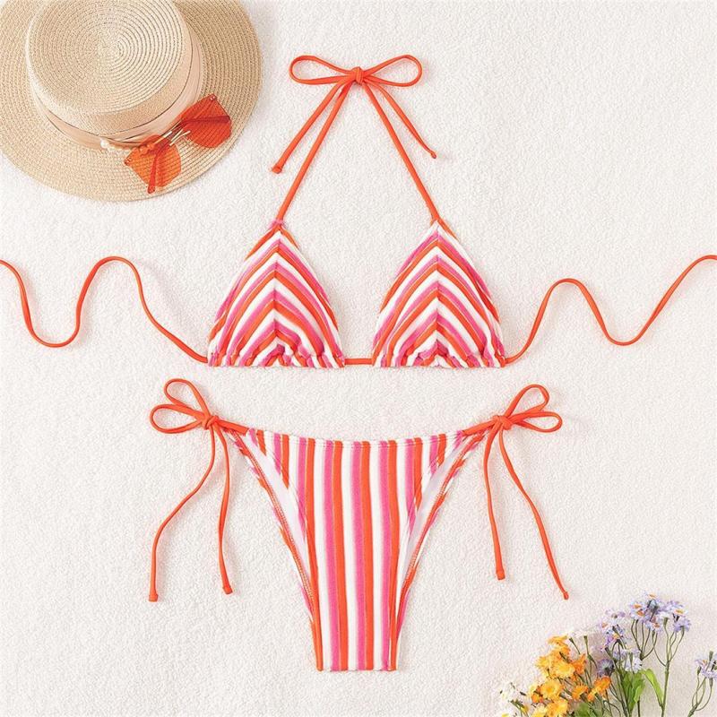 Orange Red Lace Up Printed Striped Velvet Women Bikini Swimwear