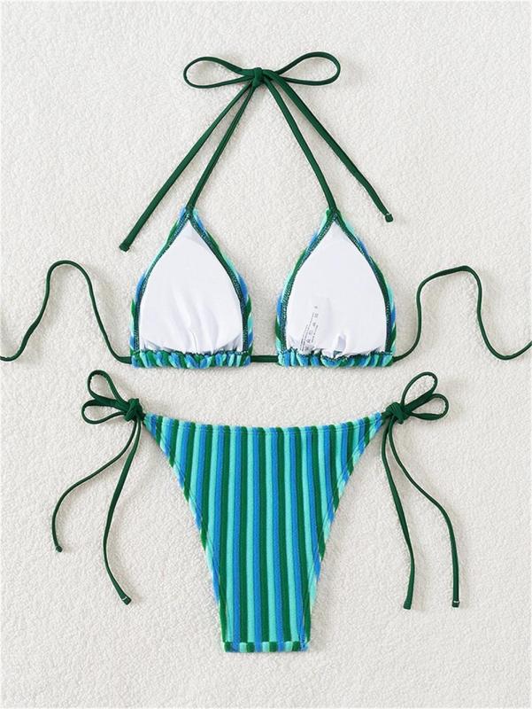 Green Lace Up Printed Striped Velvet Women Bikini Swimwear