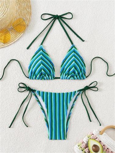 Green Lace Up Printed Striped Velvet Women Bikini Swimwear