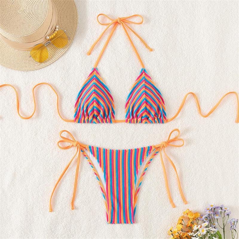 Colors Lace Up Printed Striped Velvet Women Bikini Swimwear