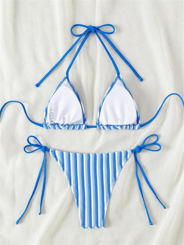 Blue Lace Up Printed Striped Velvet Women Bikini Swimwear