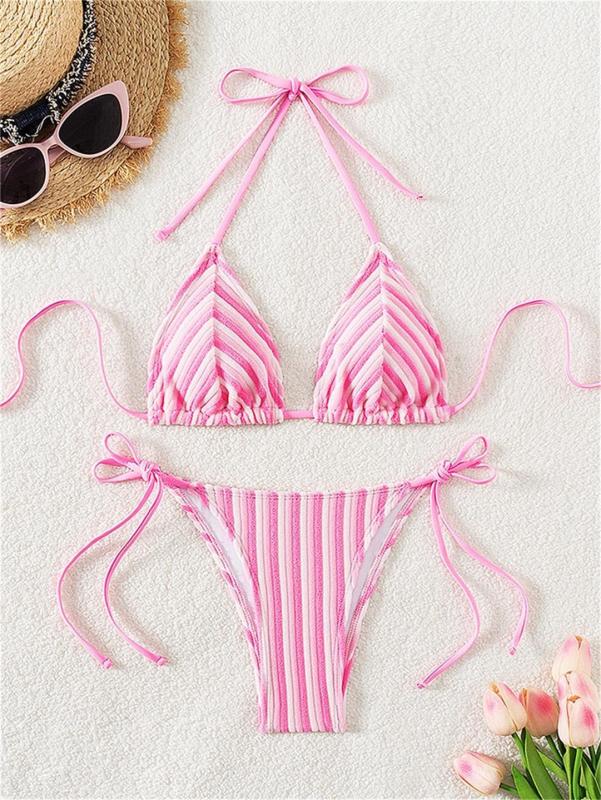 Pink Lace Up Printed Striped Velvet Women Bikini Swimwear