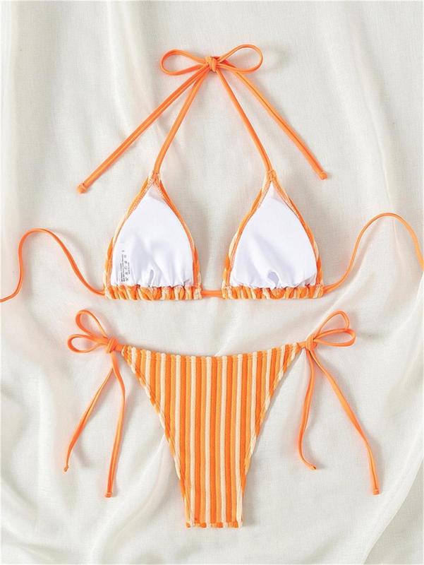 Orange Lace Up Printed Striped Velvet Women Bikini Swimwear