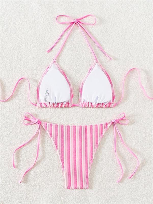 Pink Lace Up Printed Striped Velvet Women Bikini Swimwear