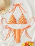 Orange Lace Up Printed Striped Velvet Women Bikini Swimwear