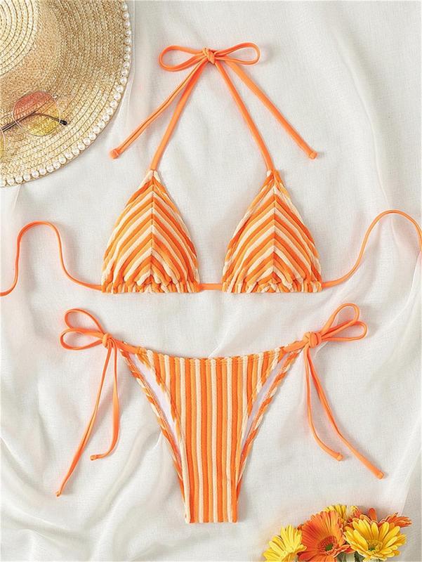 Orange Lace Up Printed Striped Velvet Women Bikini Swimwear