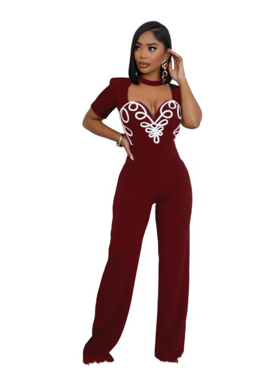 Claret Fashion Stripe Patchwork Bodycon Jumpsuits Women Hollow-out Short Sleeve Rompers