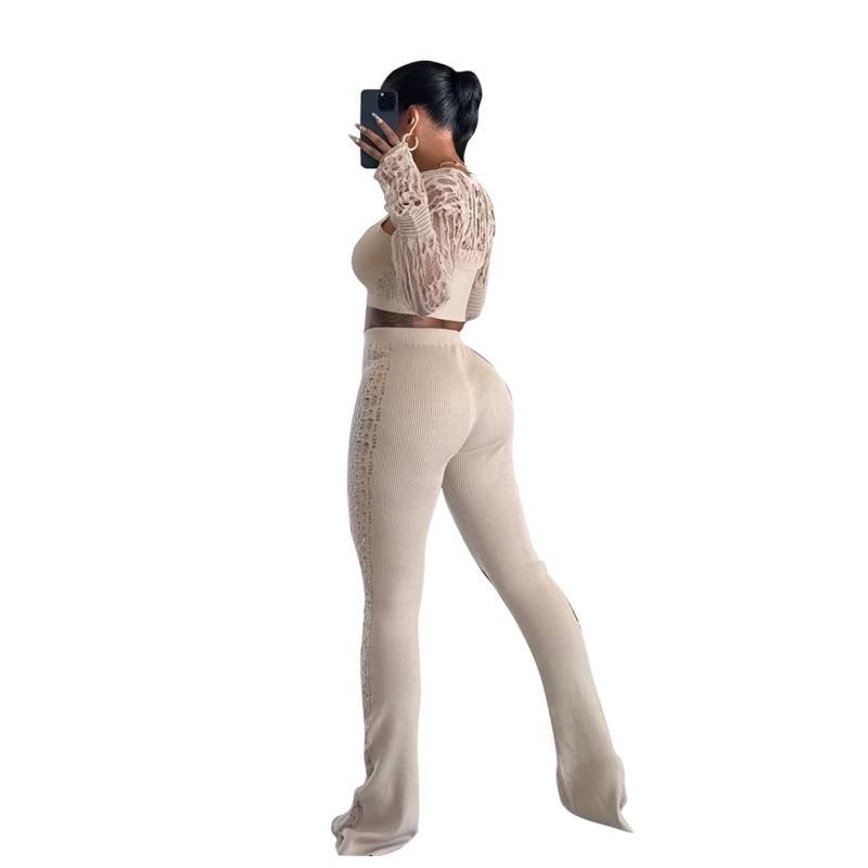 Apricot Knitted 3 Pieces Hollow Out Crop Tops Bodycon Fashion Pant Dress Sets