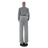 Gray Two Pieces Zipper Long Sleeve Fashion Top Wide Leg Pant Overalls Clothing